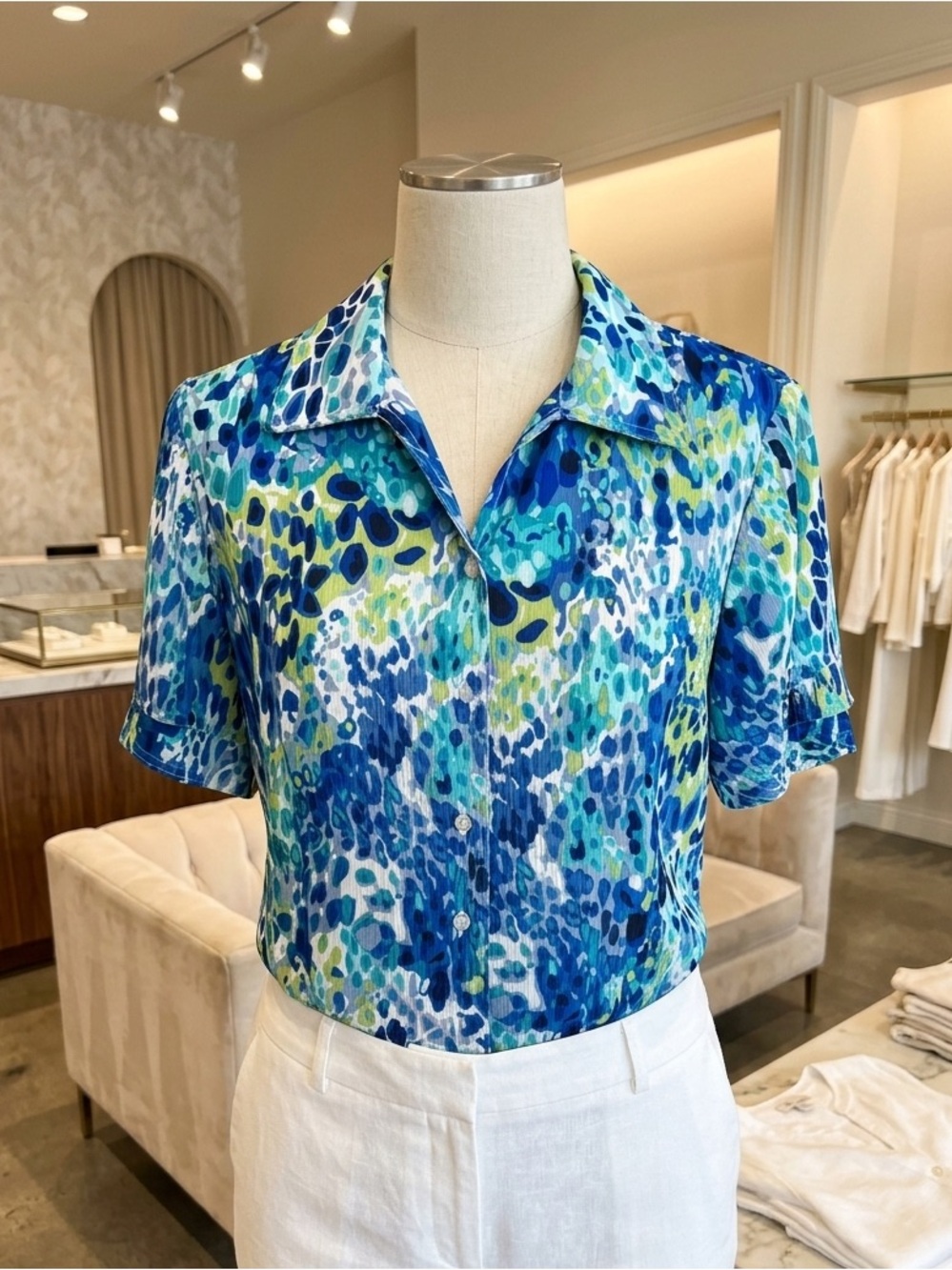 Kim Rogers Blue Multi-Print Short Sleeve Collared Blouse